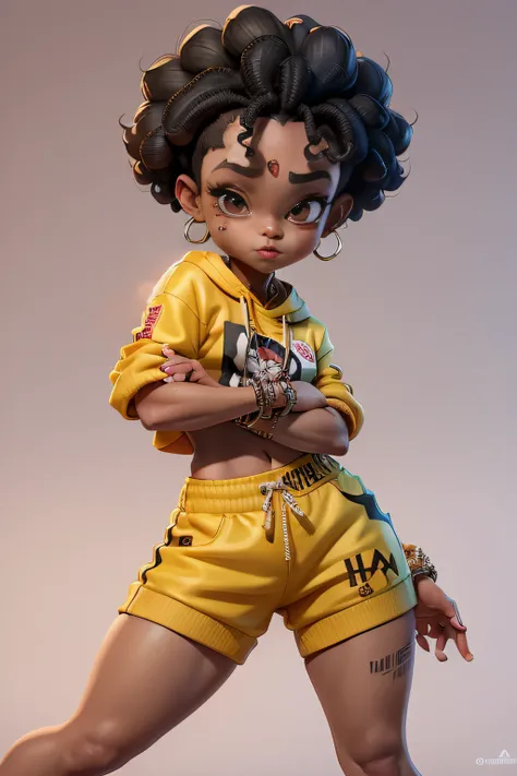 Super estilo hip hop menina graffiteira  Negra, super bonita, 30 anos, ((super feliz)), pele marrom, Impeccable curly hair, Empathetic face, Beautiful red lips, Nice Chibi, super estiloso, dedos perfeitos, roupa minimalista estilo Bruce Lee, "Hip Hop", ("O...