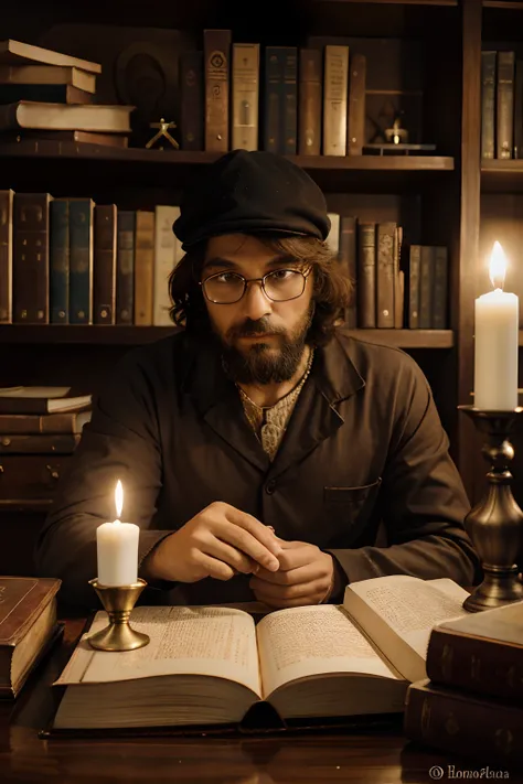 Um homem mago, vestindo seu manto escuro, dentro da biblioteca do castelo, rodeado de livros antigos, escrevendo um livro, de frente, sitting behind his desk, fotografia escura, luzes de velas e candelabros