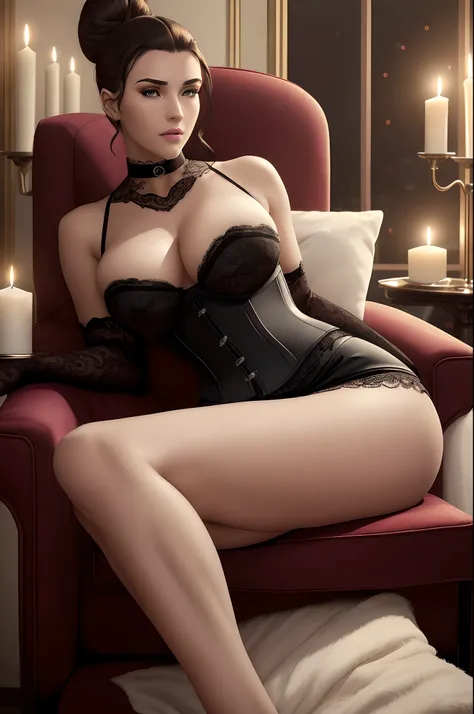 (best quality,4k,8k,highres,masterpiece:1.2),ultra-detailed,(realistic,photorealistic,photo-realistic:1.37), alluring woman, 25, pale skin, dark hair, bedroom,  sexy girl, sexy body, seductive lady, corset, high collar, long pleated skirt, seductive. highl...