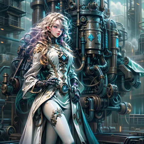 ffantasy art, steampunk art, RPG art, photograph, RAW,  Best Detailed, picture of a mecha woman wizard, standing proudly, manipulating magical blue fire, extremely beautiful woman (best Detailed, Masterpiece, Hyperrealistic: 1.5) blond hair, rich hair, wav...