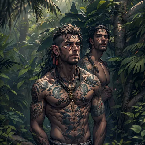 (Mejor calidad，4k，8k，high resolusion:1.2)，Ultra - detallado，Realista，fotorrealista:1.37,hombre rudo rapado con tatuajes por todo el cuerpo, vestido de monje en un templo del amazonas - **Apariencia**: Rudo, rapado, tatuajes por todo el cuerpo. - **Vestimen...