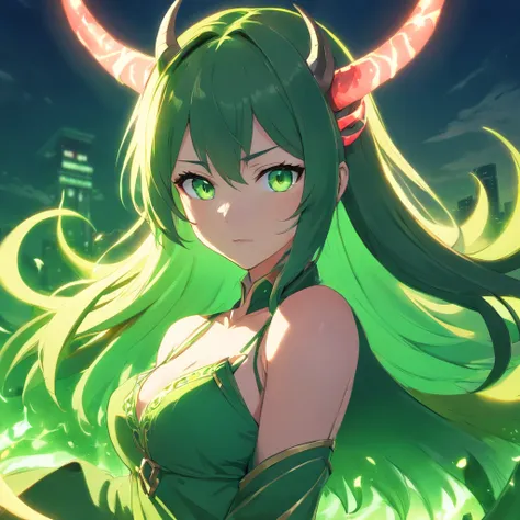 Anime - style image of a woman with horns and green eyes, beautiful succubus, Sukkubus im engen kurzen Kleid, demon anime girl, Sukkubus | mittelalterlich, Sukkubus, Shadowverse-Stil, 2. 5-D-CGI-Anime-Fantasy-Kunstwerk, Goddess of the Underworld, a very be...