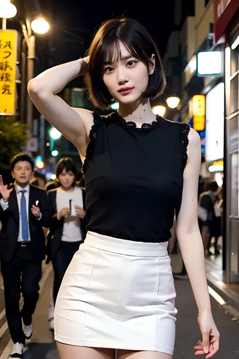 (masutepiece, Highest Quality), High resolution, (Illustration: 1.3), Butt up,1girl in, 25 years old, (Cute:1.3), Black Bob Cut, (Wink:1.3), Salaryman Suit, tight miniskirt, on tokyo street, Night, Moonlight, cowboyshot、Colossal tits