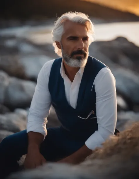 long shot of a Varied Relaxing Albanian Male Veterinarian, White hair styled as Shaggy, background is Glacier, at Sunset, soft focus, Light, soft light, F/8, Beige and Navy Blue splash, Swirling, extremely hyper aesthetic