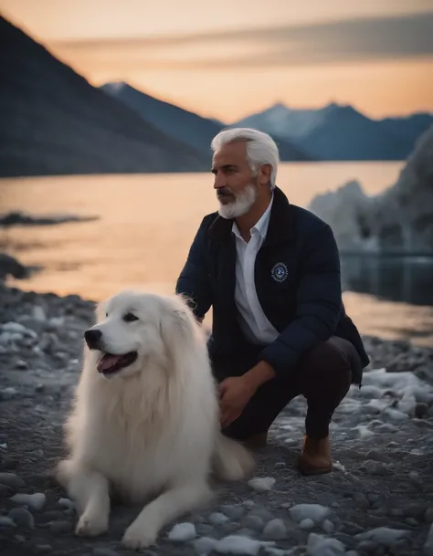 long shot of a Varied Relaxing Albanian Male Veterinarian, White hair styled as Shaggy, background is Glacier, at Sunset, soft focus, Light, soft light, F/8, Beige and Navy Blue splash, Swirling, extremely hyper aesthetic