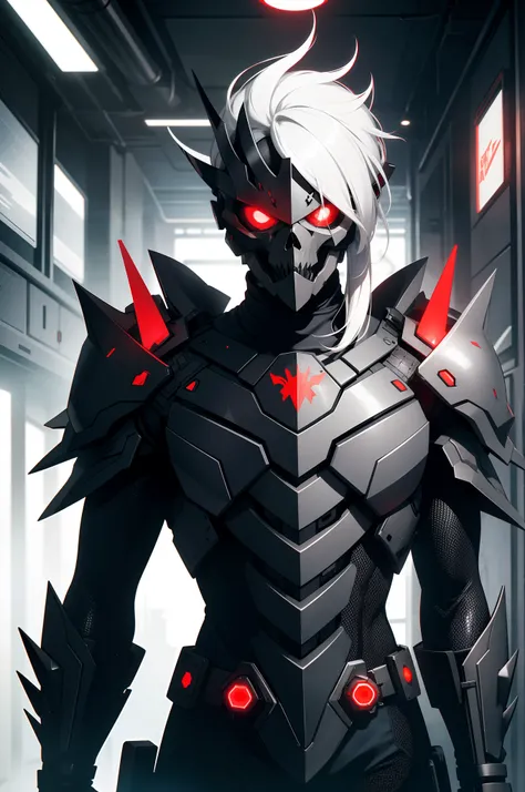 solo male, black armor, skull helmet, red eyes, white hair, covered face, spikes, slim, science fiction, full body view