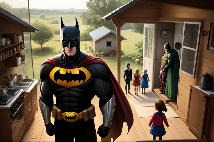 Batman  Superhero lives in a small house with his wife and children. He has a beautiful wife and two children. There is a rural environment.