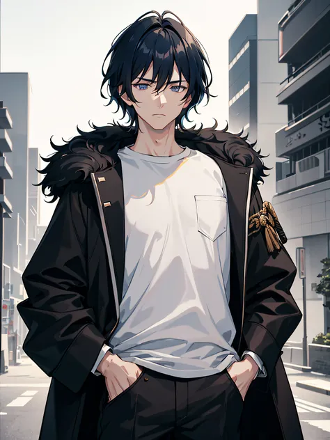 Yoshida Hirofumi, , hirofumi_csm, 1boy, handsome, early 20s, (pale skin), tall, gentle face, (masterpiece), 8k, highly detailed, absurdes, (tokyo city background:1.3), volumetric lighting, nighttime, moonlight, (short black hair, wavy bangs, bright blue ey...