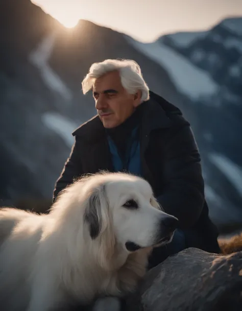 long shot of a Varied Relaxing Albanian Male Veterinarian, White hair styled as Shaggy, background is Glacier, at Sunset, soft focus, Light, soft light, F/8, Beige and Navy Blue splash, Swirling, extremely hyper aesthetic with my face