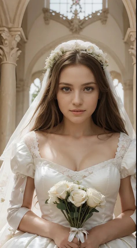 Hyper realistic illustration of a bride in a wedding dress. La robe est blanche avec des dentelles. Elle a une couronne sur la tete et un bouquet de fleurs dans les mains. On voit fans ses yeux la passion pour son mari. Le decors est un chateau grandiose. ...