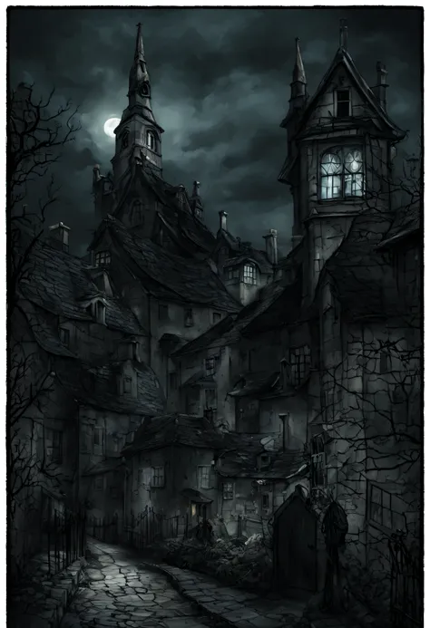 A unnerving night scene depicting a haunted English village draped in mystery and fear. Winding lanes, dilapidated thatched cottages, an eerie graveyard and a looming bell tower. Influenced by the creepiness of Junji Ito’s work, H.P Lovecraft universe, and...