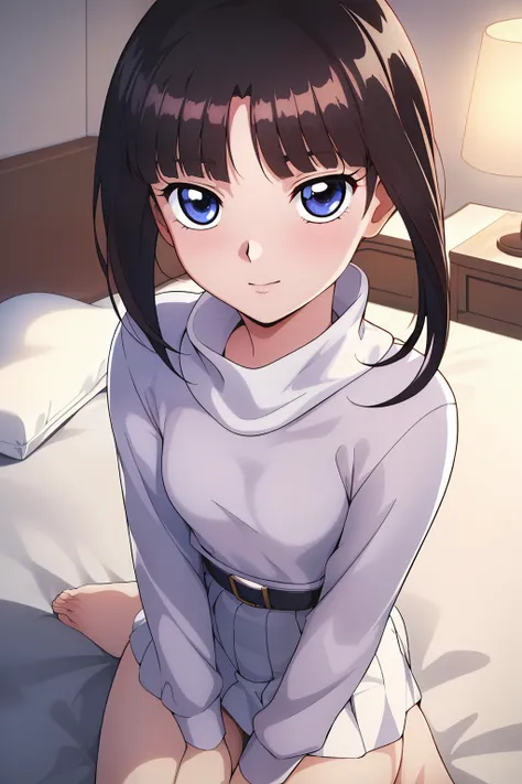 sitting in bed, 
shy laughter,red blush,
white turtleneck, white shirt,white long skirt,white belt,
hair ornament, hair scrunchi...