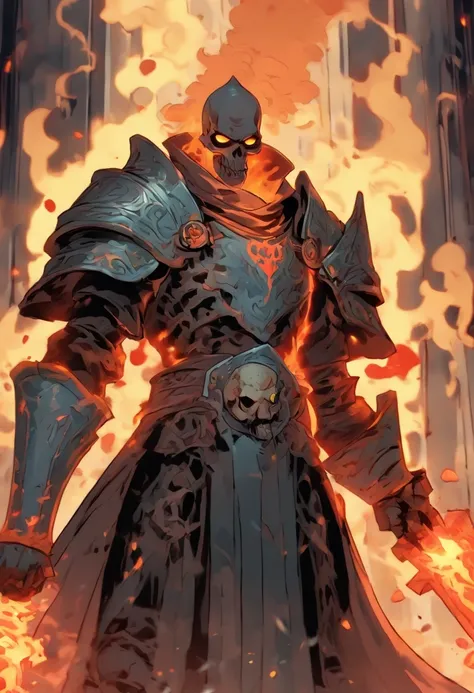 estilo D&D  vox machina, Zombie human who is not an oversized skeleton paladin breaks oaths with a large two-handed war hammer covered in dark flames. He wears grayish silver armor and is covered by a large black robe that covers his entire body. Porta un ...