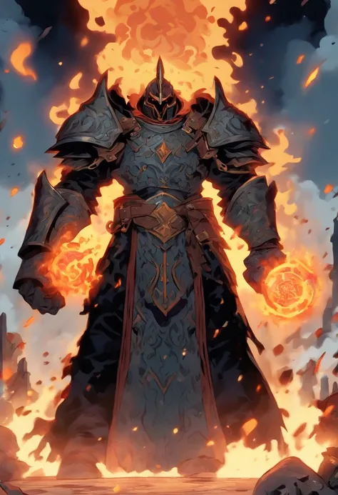 estilo D&D  vox machina, Large-sized zombie human paladin breaks oaths with a large two-handed war hammer covered in dark flames. He wears grayish silver armor and is covered by a large black robe that covers his entire body. Porta un anillo en su mano izq...