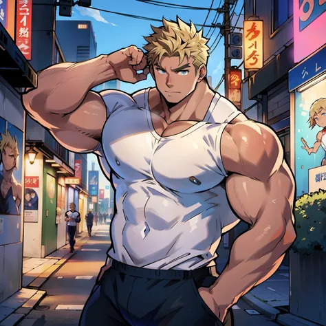 ((anime style art)), extremely muscular masculine character, pale skin, blonde hair, sapphire blue eyes, bodybuilder body, weari...