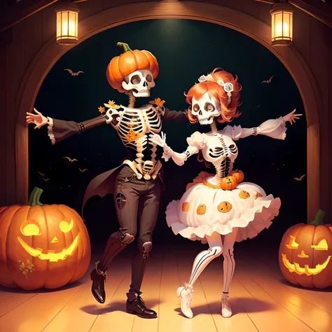 Cartoon skeletons cutely dancing with pumpkins and bats