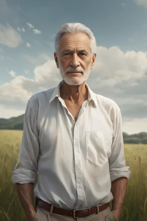 Arafed man standing in a tall grass field with a cloudy sky, Retrato de esconder a dor Harold, foto de retrato de pintura fosca, retrato de alta qualidade, foto de retrato detalhada, Esconda a dor Haroldo, retrato do homem velho, foto do retrato de um home...