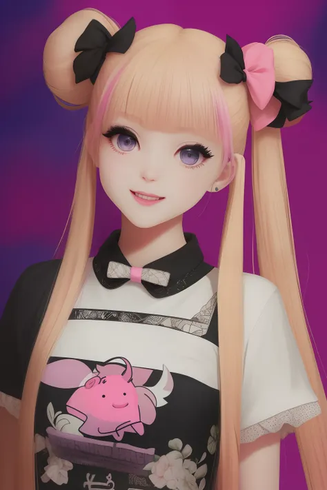 Hyper and happy lolita styled popstar. Clothes are black and pastel pink. She has long blonde hair with hot pink highlights. Her hair is in pig tails. Lavender colored eyes and fair skin.