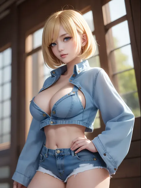 ((Finest quality)),(超A high resolution),(ultra-detailliert),((Best Anime)),sharpnes,Vivid:1.1,The art of astounding depiction,Dazzling sun, (1womanl),(a blond,Disheveled short bob),(Cow print bikini:1.7,denim short pants),huge tit:1.9,sullen look