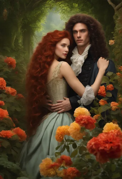 in the 18th century a 25 year old man with long black curly hair and a redheaded woman with long curly hair, both have happy looks working with alchemy to solve the fungus problem on plantations