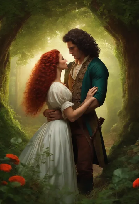 In the 18th century, a 25-year-old man with long black curly hair and a red-haired woman with long curly hair, both have happy looks as they reveal themselves working with alchemy to solve the fungus problem on plantations