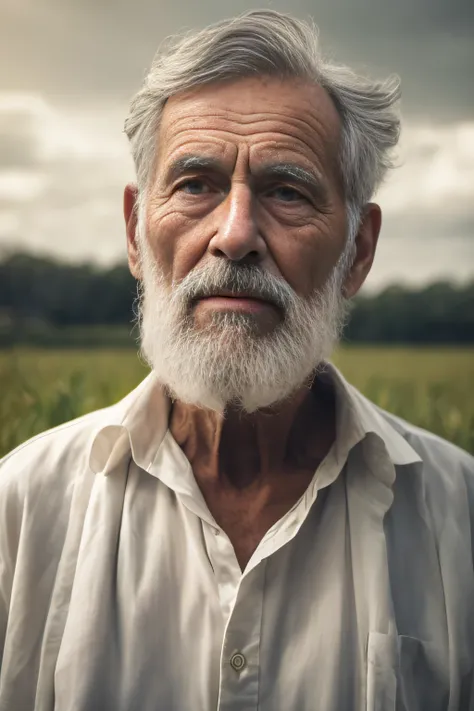 Homem com barba branca e camisa branca, foto do retrato de um homem velho, retrato do homem velho, color photograph portrait 4k, cinematic portrayal, O olhar de um idoso, 8k artistic portrait photography, um homem de 80 anos, retrato perfeitamente centrado...