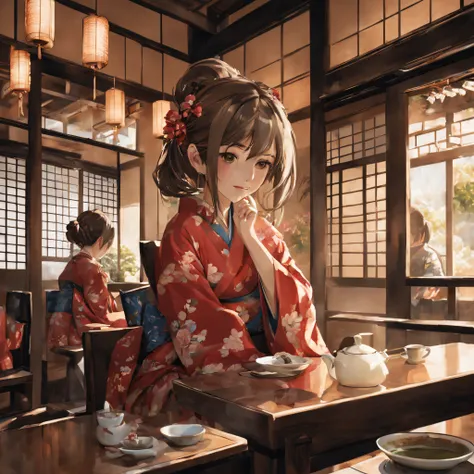 masutepiece, High quality, hyper realisitic, Cinematic lighting, Japan, Tea room, Alone, Beautiful girl in kimono sitting straight, She enjoys tea, Smiling,