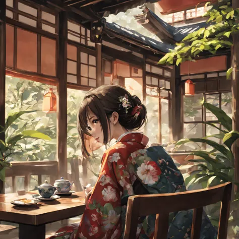 masutepiece, High quality, hyper realisitic, Cinematic lighting, Japan, Tea room, Alone, Beautiful girl in kimono sitting straight, She enjoys tea, Smiling,