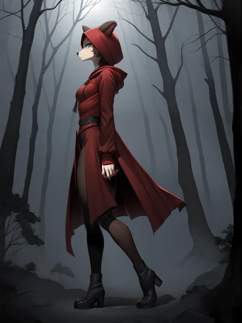 Solo:1.4, Juno, blue eyes, by gudlmok99, by sleepiness18, brown wolf girl, in a forest, wearing long red hooded cloak, wearing red hood, black corset, black skirt, black stiletto boots, serious face, nighttime, side view, full body shot