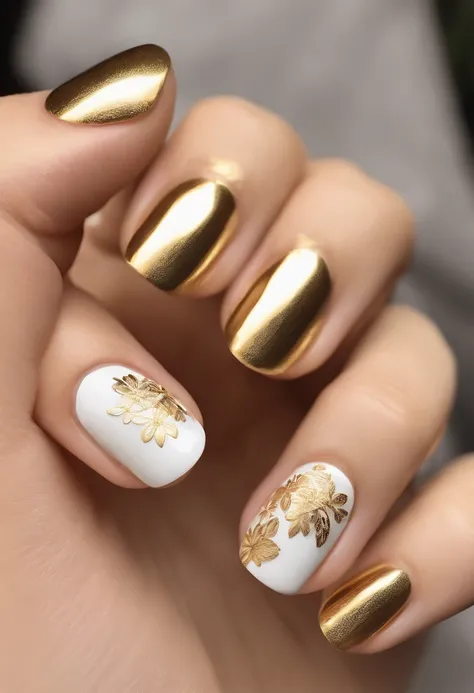 someone is holding a white and gold manicure with a flower design, gold flaked flowers, decorated with flowers, subtle and detailed, flowers and gold, subtle gold accents, floral bling, polished and fancy, minimalistic and beautiful, nails, with flowers, w...