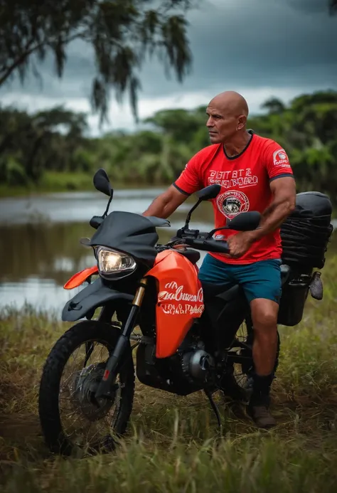 Bald motorcyclist from Goiás fishing in the Pantanal with Corinthians team shirt