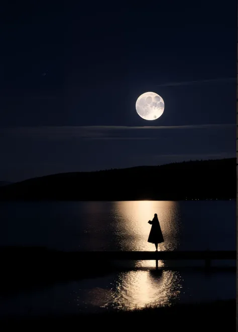 Shadow by the lake, living shadow, moonlight, dark, melancholy, blue, sad, spirit