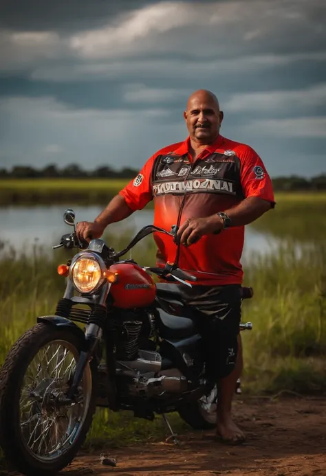 Bald and Fat Biker from Goiás fishing in the Pantanal with Corinthians team shirt