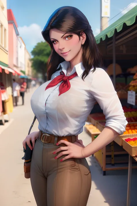 Denise Milani, latina, bronze skin, Hispanic, dark skin, solo, 1girl, brown hair, long hair, red neckerchief, Denise Milani body type, beautiful, smile, Amazon River explorer from the 1920s, gun holster on hip, gun in holster, white pinstripe button up shi...