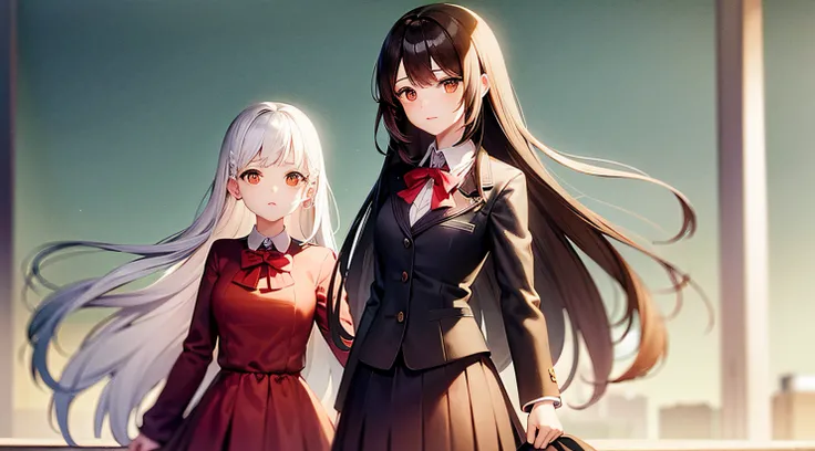 Girl with long brown hair and girl with white hair at school. red roses. astonishment. high school uniform