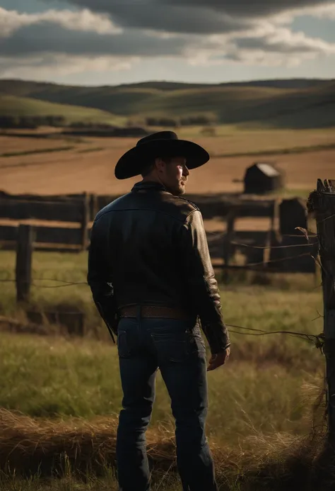 Cowboy with black leather jacket and hat on his head looking at the horizon showing face profile on farm, imagem ultra realista, ultra hd, 8k , foco nitido, fujifilm xt3