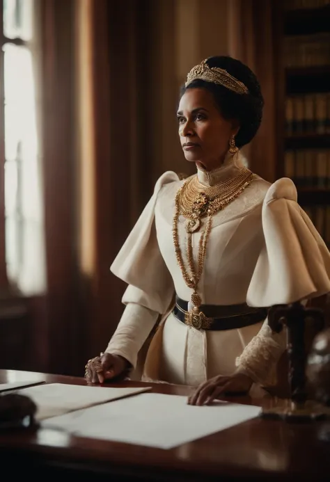 Ranavalona III , Queen of Madagascar, blasian, and Gallieni old General French colonist, white skin, in an elegant office. Gallieni talk to Ranavalona, ​​who seems interested but wary. Image quality: 4K