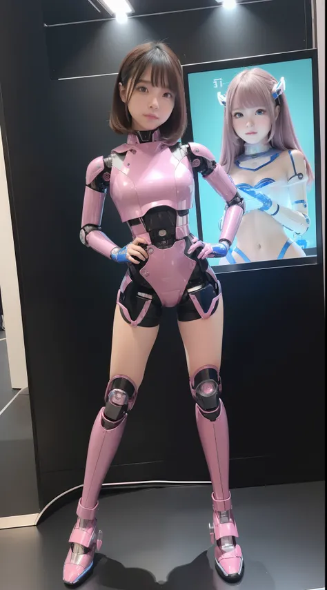 (Photorealsitic:1.4)、One girl、(top-quality)、(hyperdetailed face)、(Super well-formed face)、((Robot Parts))、(female robot)、(Blue)、(pink there)、(Burgundy)、(metallic)、(full body)、(sexy  pose)、(Slender body)、(Model body type)、(full body mech)、(mechanical exposu...