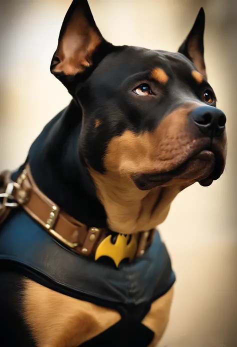 cachorro pitbull marrom com fantasia do batman