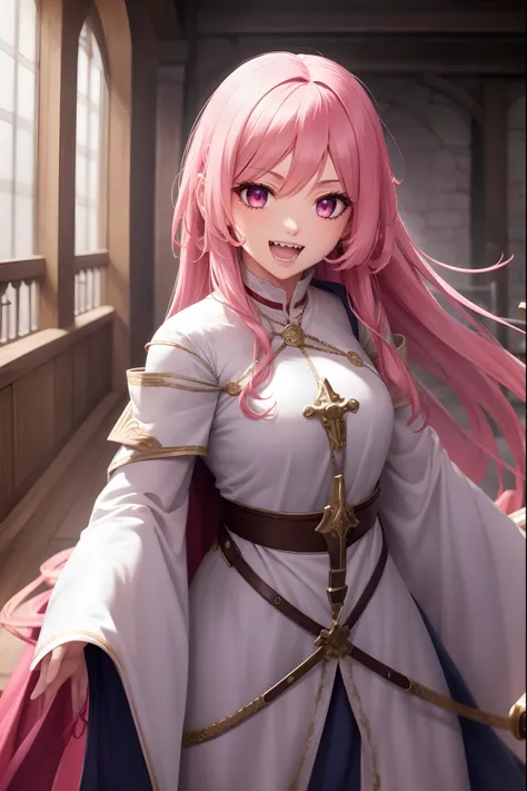 iono,1 girl,pink eyes,solo,smile,open mouth,fangs ,indoors,woman-medieval-clothes, priestess, sword holding, smile