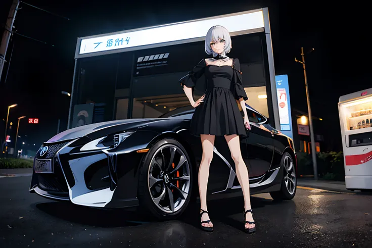 anime girl, anime girl wearing black dress, anime girl leaning on side of Lexus LC, under a streetlight, vending machine to the side in background, at nighttime, forest in background