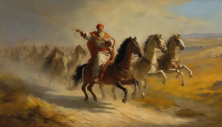 A painting of the prophet Elijah riding a chariot in the sky, carruagem, carruagem nos ceus Carruagem em chamas, chariot Epic Biblical depiction, Directed by: Cheng Zhengkui, epic oil painting, Directed by: Konrad Klapheck, the wise man is riding on top, D...