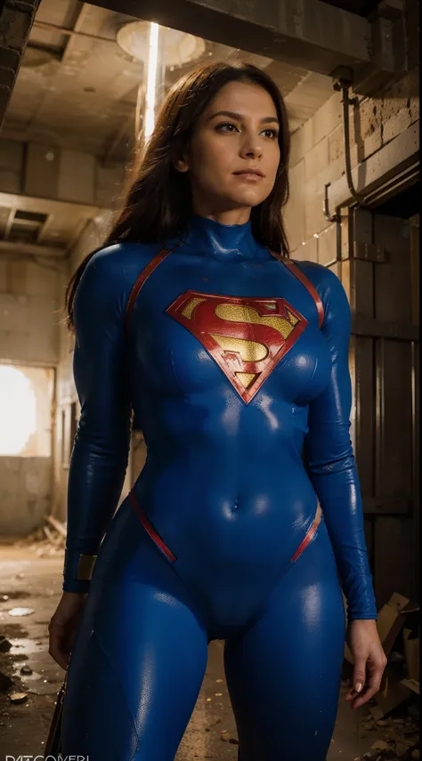 Hidden beneath the city, an underground chamber reveals itself in the wallpaper. A superheroine, tall and powerful, stands at the center of the scene. She wears a vibrant blue and red suit, the fabric accentuating her strength and massive physique. A weath...