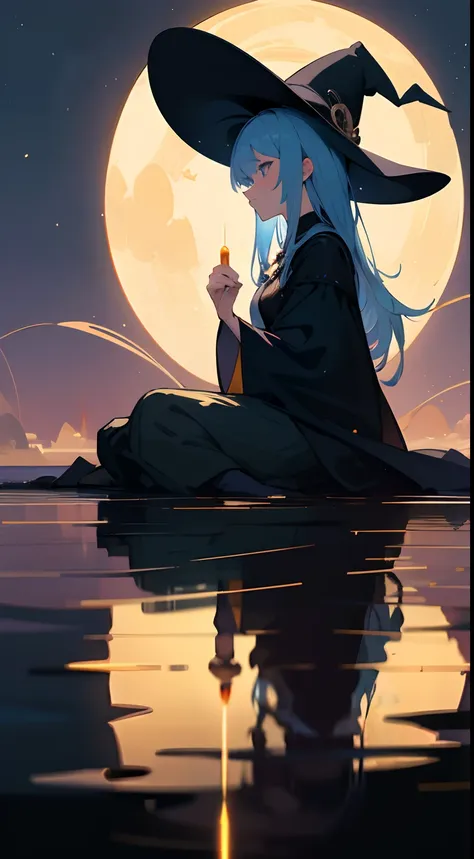 ((masterpiece)), best quality, a mysterious witch meditating on a lake, 1girl, gorgeous,  spell, witch, holding circle, earth, moon in the background, reflections, depth, bokeh, traced lights, peace, peacefull, sitting, expressive eyes, blue eyes, glow eye...