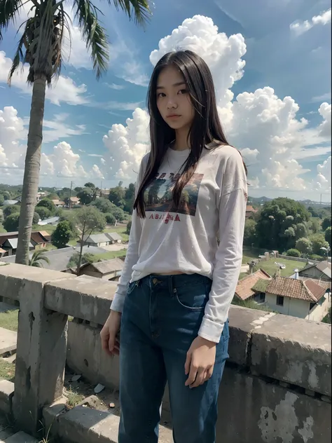 18 years old, woman, indonesian woman, look at viewer, long hair, shirt, jeans, cloud, day, sky,outdoors, post-apocalypse, ruins...