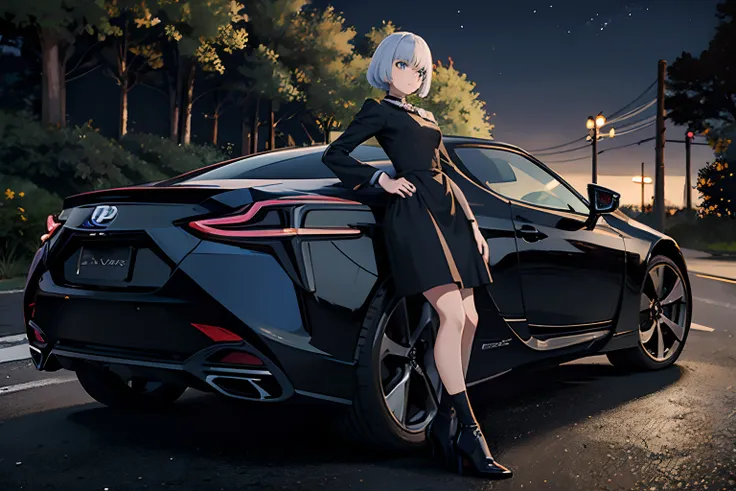 anime girl, anime girl with short legs wearing a black dress, anime girl leaning on side of lexus lc, lexus lc, girl detailed fa...