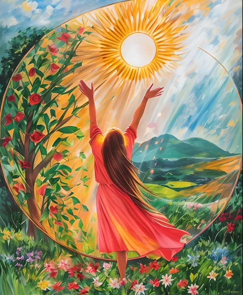 Painting of a woman in a red dress reaching for the sun, louvando o sol, Deusa do Sol, como a deusa do sol, A menina e o sol, emanating and flowing energy, beautiful depiction, sunburst behind woman, artistic depiction, Louve o Sol, inspirado em Brigid Der...