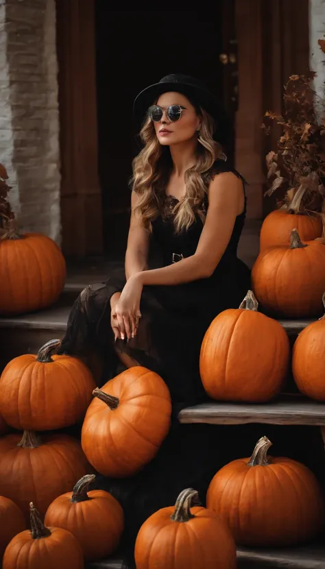 Halloween setting girl sitting on pumpkin.