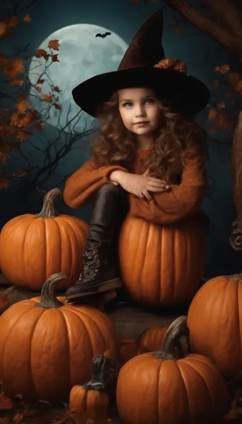 Halloween setting girl sitting on pumpkin.