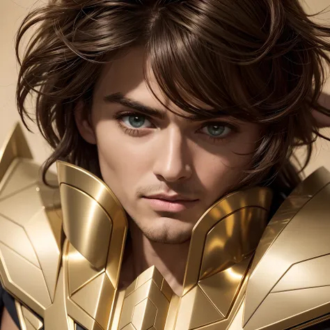 cinemactic, incrivelmente detalhado e ultrarrealista, Sagitarius aiolos de Saint Seiya. Close up. Hes wearing a very realistic golden suit of armor. armadura dourada brilhante. Octane is the perfect tool to capture the softest details of this 16k photograp...